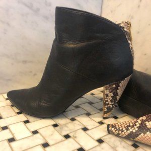 Black Leather Bootie with Snake Print Heel